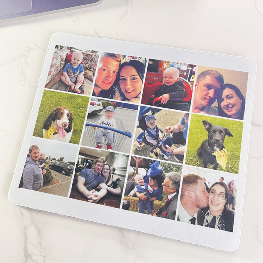 A rectangle mouse mat with 12 photos of your choice printed to make a great personalised gift.