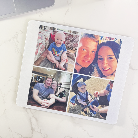 A fabric rectangle mouse mat with 4 personalised photos printed.