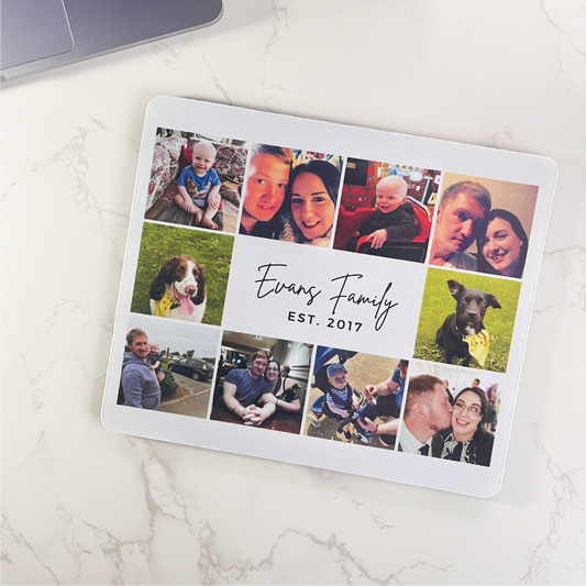 A rectangle mouse mat with 10 personalised photos, the family name and EST year