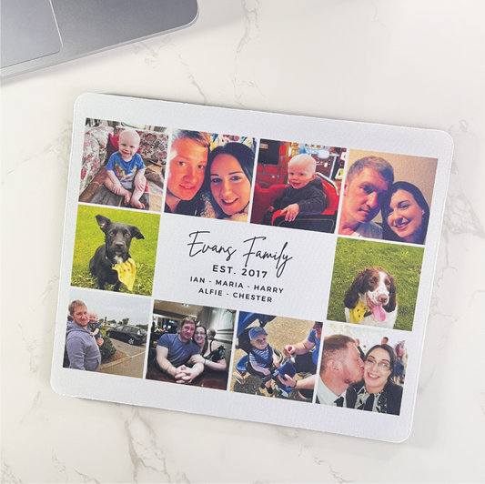A rectangle fabric mouse mat with 10 personalised photos around the family name, EST year and the family member's names