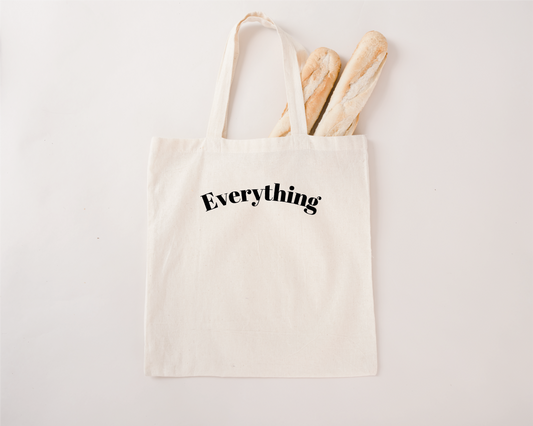 A natural linen tote bag with the word 'Everything' on the front as it can be used for anything and everything!